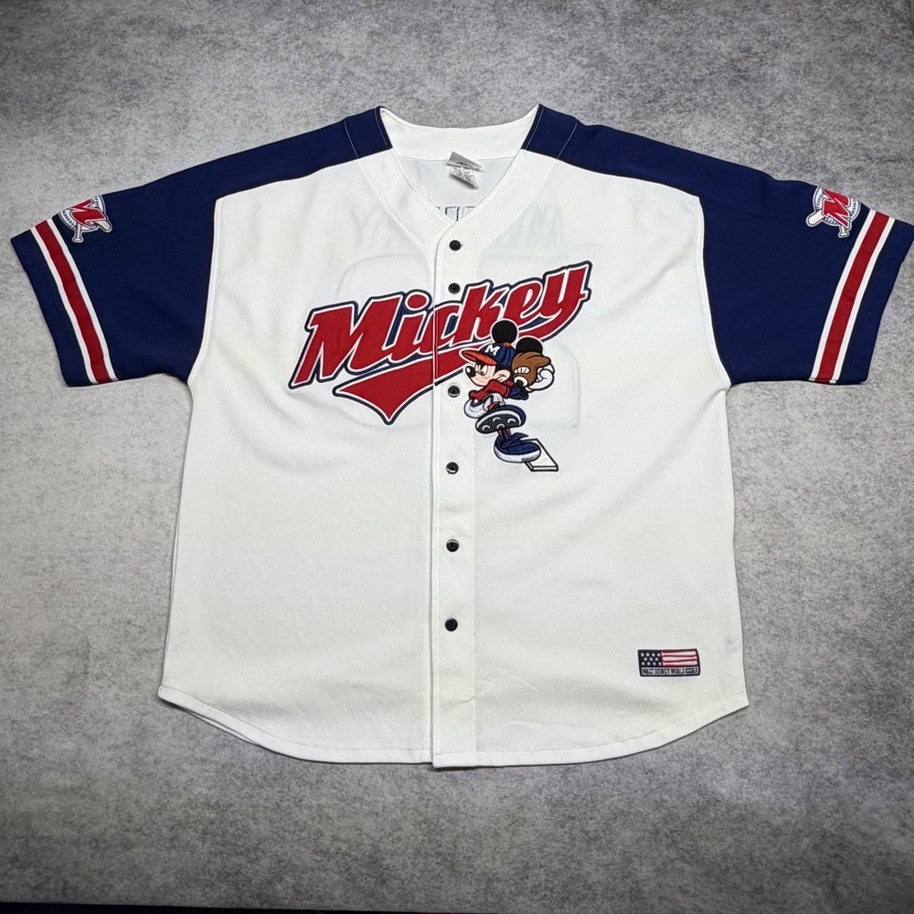 VTG Walt Disney World Mickey Mouse Mens XL White Embroidered Baseball Jersey 28